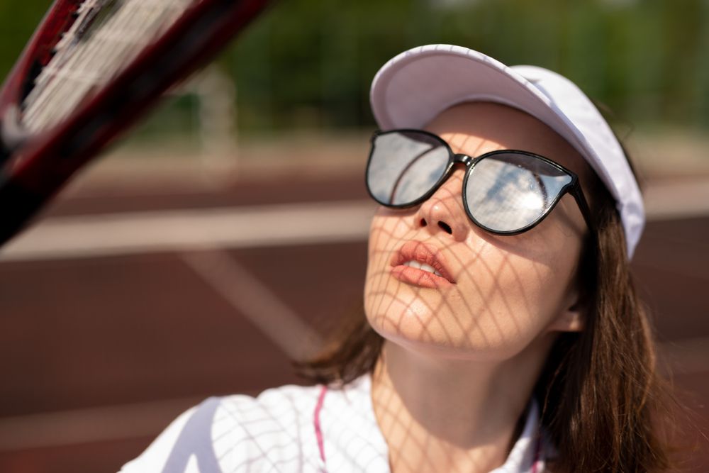 Young tennis player in polarized sunglasses looking upwards